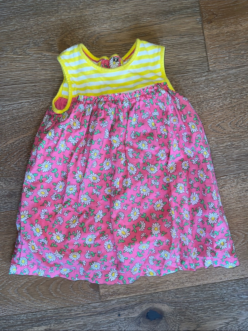 Baby Boden Pink Daisy Dress with Yellow Stripe Bodice